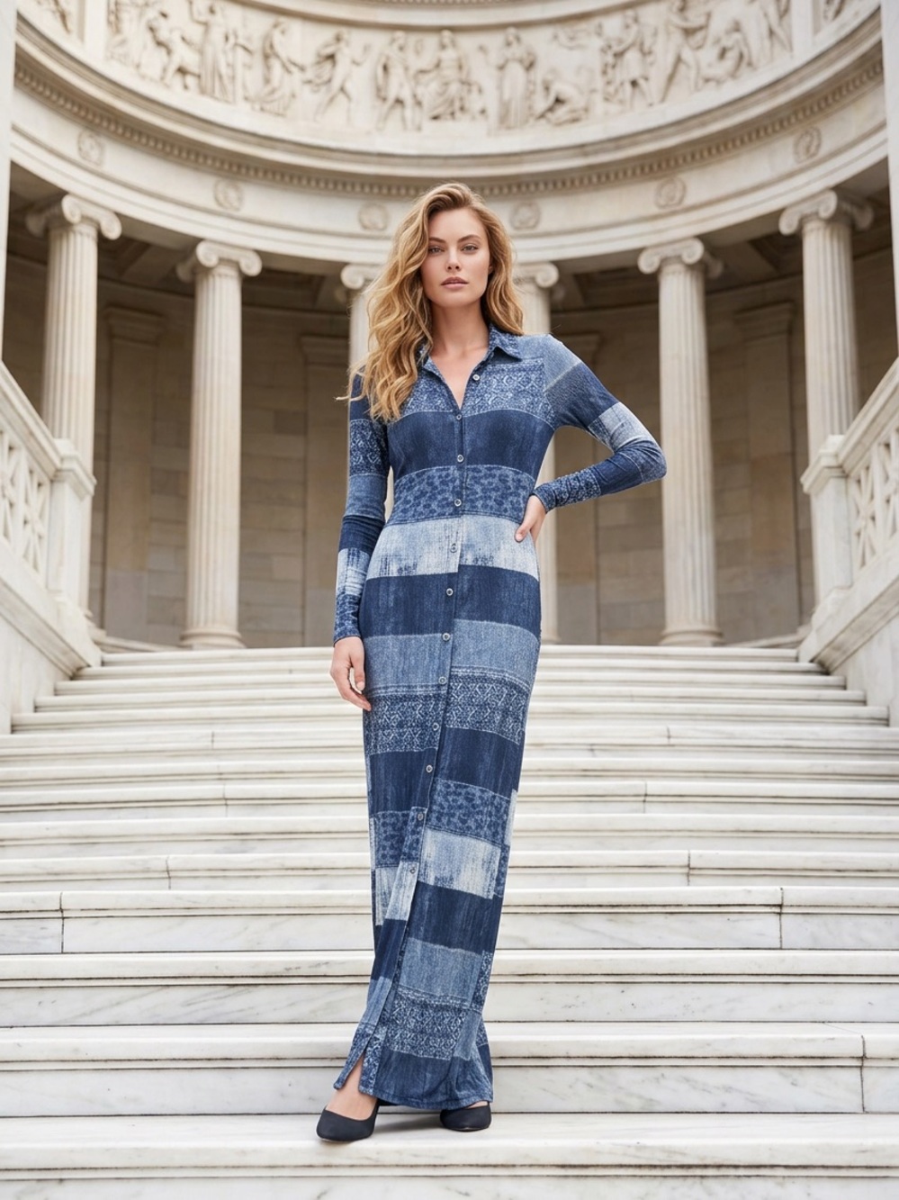 Button-Front Blue Patchwork Maxi Dress with Long Sleeves